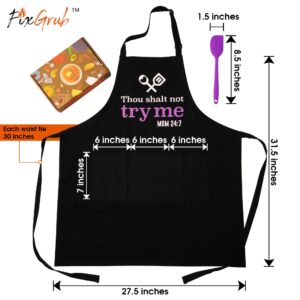 FixGrub Cooking Apron for Mom with Spatula and Gift Box, Funny Kitchen Apron with 3 Pockets, Mom Gift, Cute Apron, Mother's Day Gift (Thou Shalt Not Try Me)