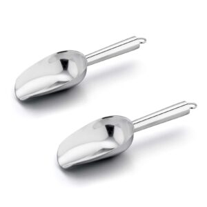 e-far mini ice scoop set of 2, 3 ounce stainless steel scoops for ice cube/candy/flour/sugar, metal utility scoops for canisters, baking, kitchen pantry, rust proof & dishwasher safe