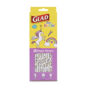 glad for kids paper straws | unicorn paper straws with fun and adorable design for kids | 50 count disposable paper straws for drinking | drinking straws for kids