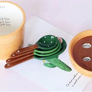 Ceramic Cactus Measuring Spoons and Cups, Cute Measuring Spoons Set in Pot, Cactus Shape Kitchen Decor Small Measuring Spoons (Green)