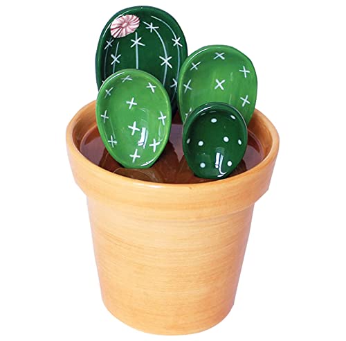 Ceramic Cactus Measuring Spoons and Cups, Cute Measuring Spoons Set in Pot, Cactus Shape Kitchen Decor Small Measuring Spoons (Green)