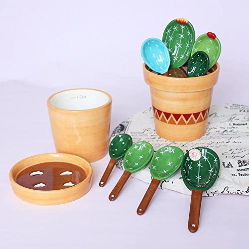 Ceramic Cactus Measuring Spoons and Cups, Cute Measuring Spoons Set in Pot, Cactus Shape Kitchen Decor Small Measuring Spoons (Green)