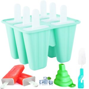 silicone popsicle molds, 6 pieces ice pop molds, bpa free popsicle mold reusable easy release ice pop maker, popsicle mould with cleaning brush and silicone funnel, popsicle molds green