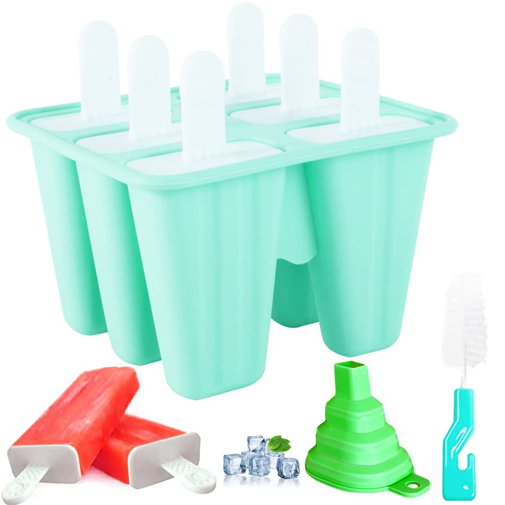 Silicone Popsicle Molds, 6 Pieces Ice Pop Molds, BPA Free Popsicle Mold Reusable Easy Release Ice Pop Maker, Popsicle Mould with Cleaning Brush and Silicone Funnel, Popsicle Molds green