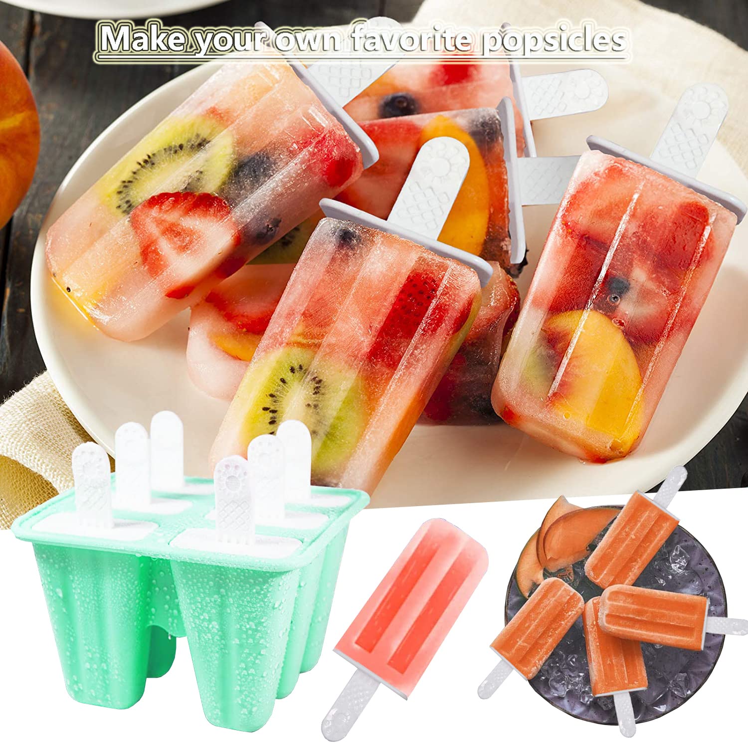 Silicone Popsicle Molds, 6 Pieces Ice Pop Molds, BPA Free Popsicle Mold Reusable Easy Release Ice Pop Maker, Popsicle Mould with Cleaning Brush and Silicone Funnel, Popsicle Molds green