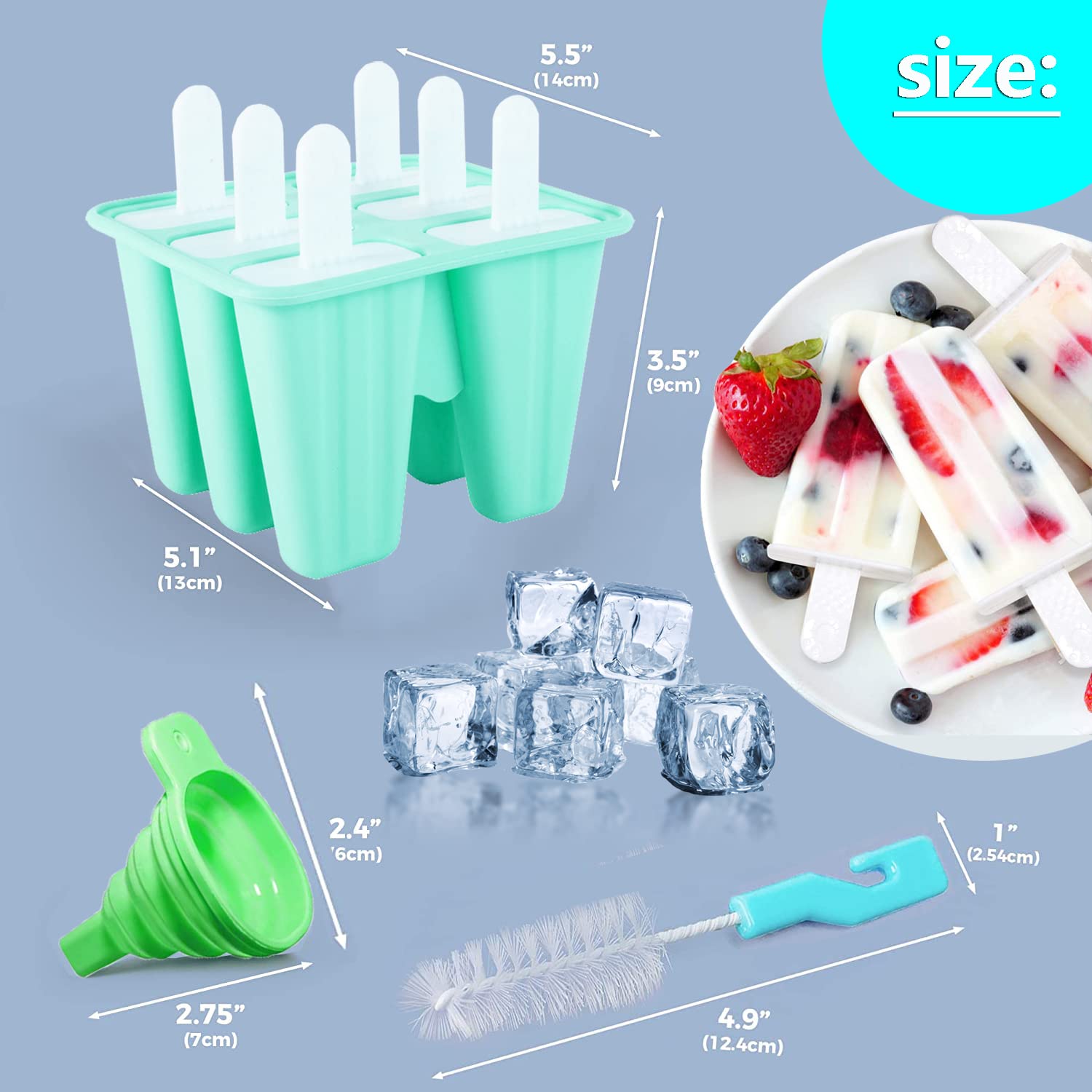 Silicone Popsicle Molds, 6 Pieces Ice Pop Molds, BPA Free Popsicle Mold Reusable Easy Release Ice Pop Maker, Popsicle Mould with Cleaning Brush and Silicone Funnel, Popsicle Molds green