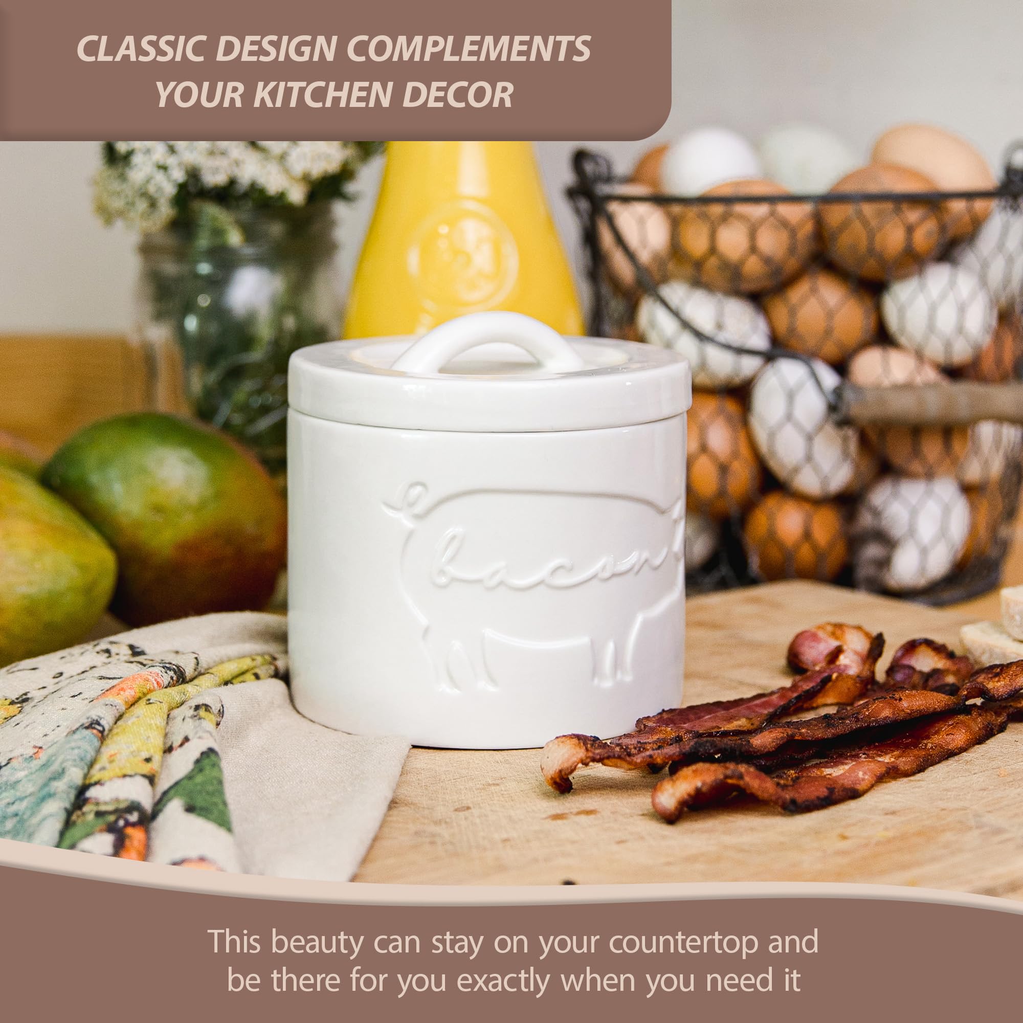 Briink Collective Ceramic Bacon Grease Container with Strainer Farmhouse Kitchen Decor Oil Storage Canister Grease Keeper Kitchen Counter Storage Container