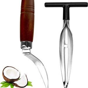 2 PCS Coconut Opener Tool Set Coconut Meat Remover Stainless Steel Coconut Opener Scraper Knife Coconut Punch Tool with Durable Non-Slip Wooden Handle Scraper