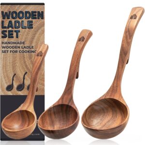 wooden ladle spoon set, 3 size teak wood kitchen serving spoon with back hooks for pot & bowl, non-stick wooden spoon set for cooking, serving and stirring