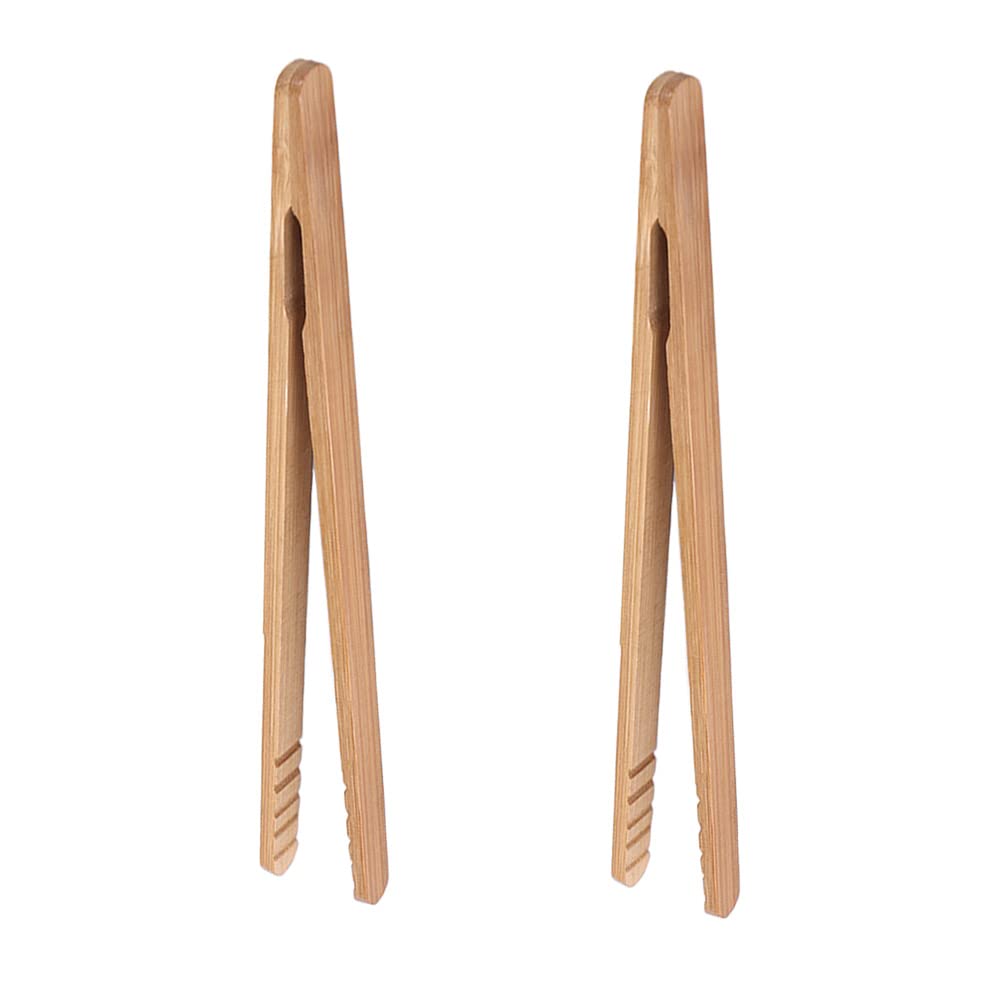 Bamboo Toast Tongs, 7 Inches Mini Wood Cooking Tong with Anti-slip Design Great for Serving Food/Toaster/Bread & Pickles/Sugar/Barbecue,Small Kitchen Tongs Multi-use for Salad, Grilling, Frying (2)