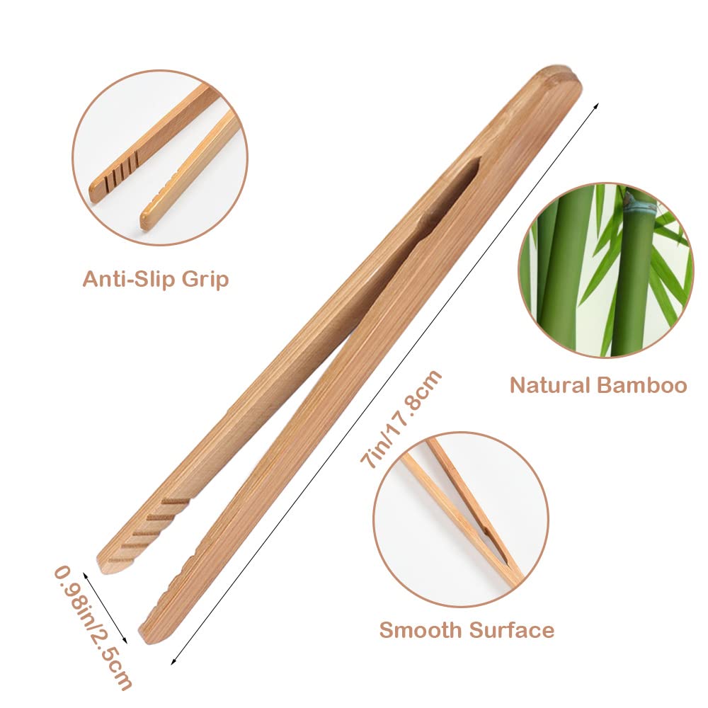 Bamboo Toast Tongs, 7 Inches Mini Wood Cooking Tong with Anti-slip Design Great for Serving Food/Toaster/Bread & Pickles/Sugar/Barbecue,Small Kitchen Tongs Multi-use for Salad, Grilling, Frying (2)