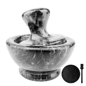 mortar and pestle set, marble mortar and mushroom pestle,for pills herbs spices,with brush,placemat,crusher set 4 inch 1/2 cup,easy to grip,stone grinder gets a fine grind easily