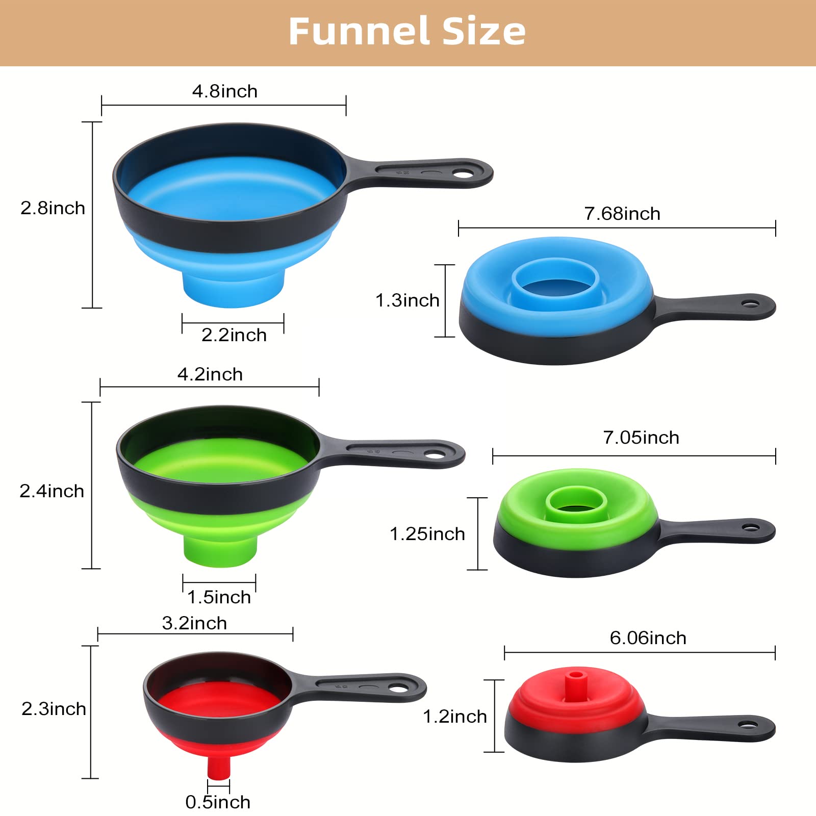 Funnels for Kitchen Use Set of 3, Dokpod Collapsible Funnels for Filling Bottles, Wide Mouth Canning Funnel, Small Medium Large Funnel Set for Filling Solid Particles, Powder and Liquid, Funnel