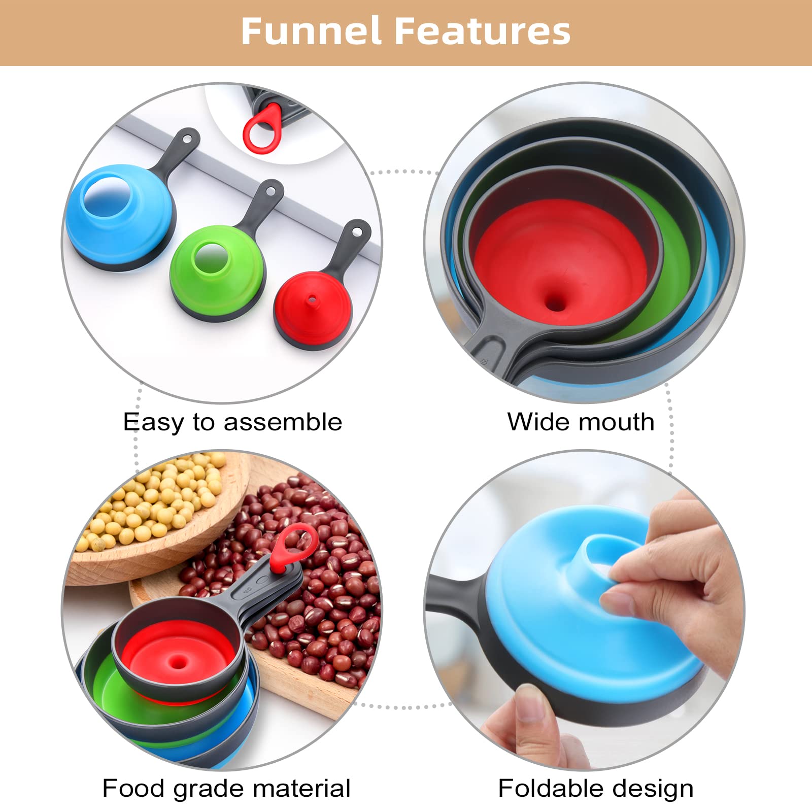 Funnels for Kitchen Use Set of 3, Dokpod Collapsible Funnels for Filling Bottles, Wide Mouth Canning Funnel, Small Medium Large Funnel Set for Filling Solid Particles, Powder and Liquid, Funnel