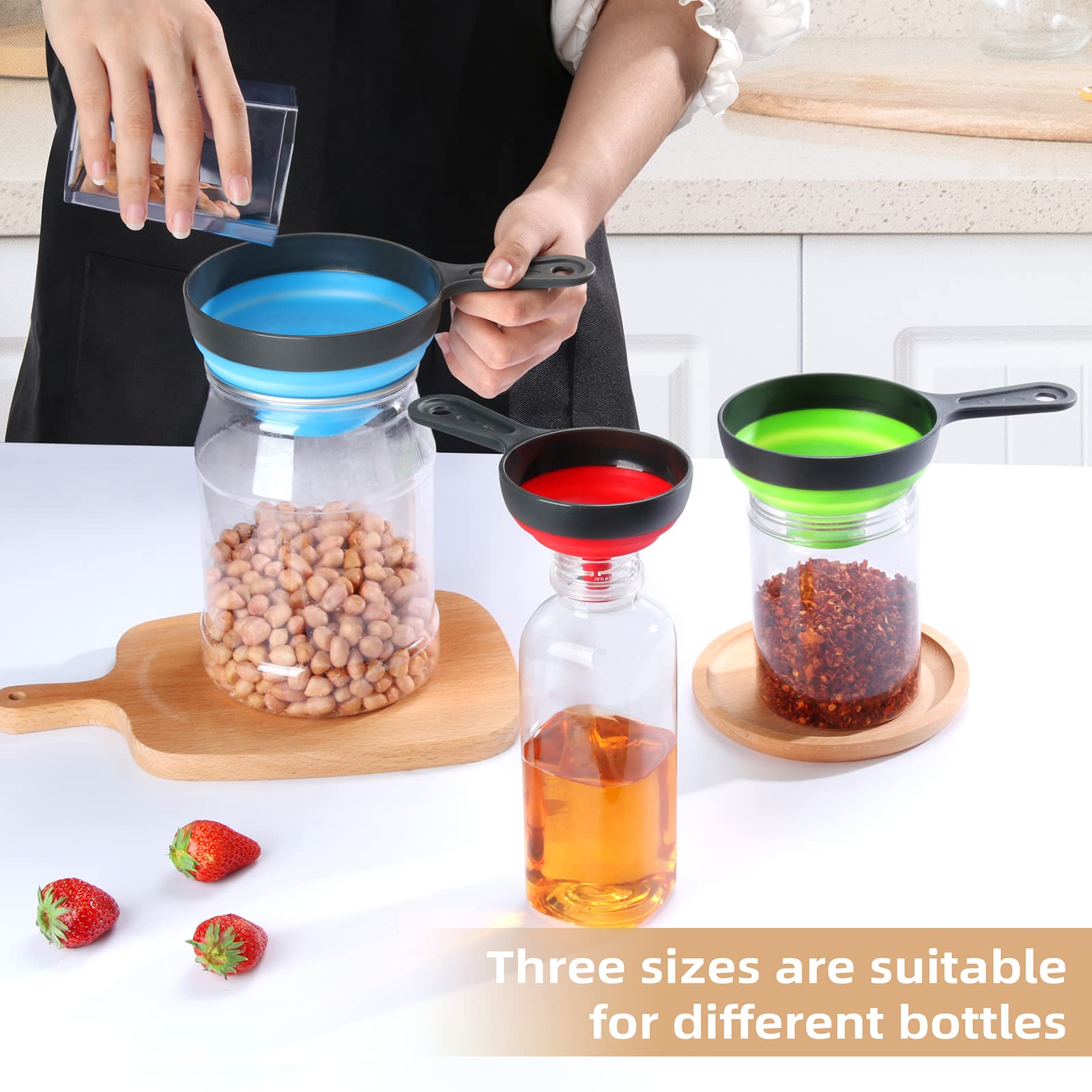 Funnels for Kitchen Use Set of 3, Dokpod Collapsible Funnels for Filling Bottles, Wide Mouth Canning Funnel, Small Medium Large Funnel Set for Filling Solid Particles, Powder and Liquid, Funnel