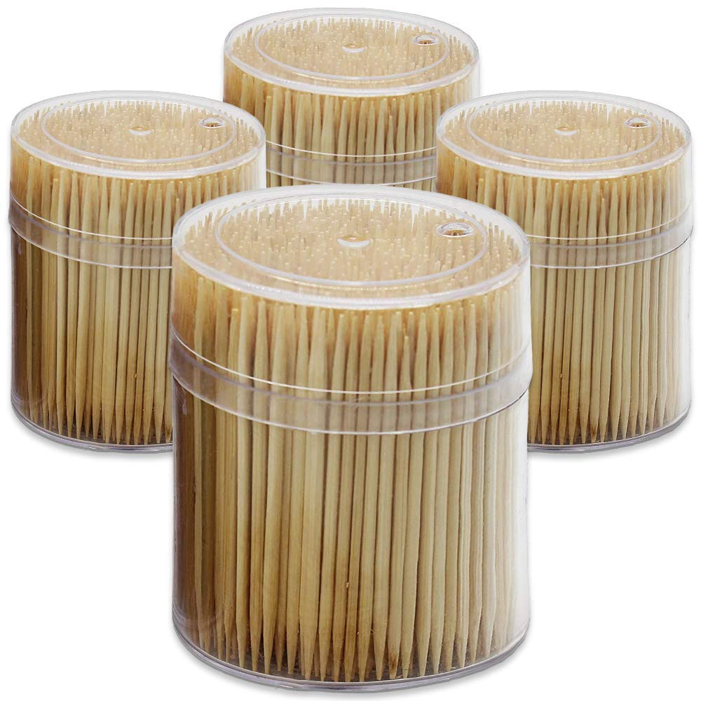 MontoPack Bamboo Wooden Toothpicks | 2000-Piece Large Wood Round Toothpicks in Clear Plastic Storage Box | Sturdy Safe Double Sided Party, Appetizer, Olive, Barbecue, Fruit, Teeth Cleaning Toothpicks.