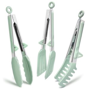 kitchen tongs for cooking, 9 inch small silicone tongs, food grade mini serving tongs with silicone tips, set of 3, green