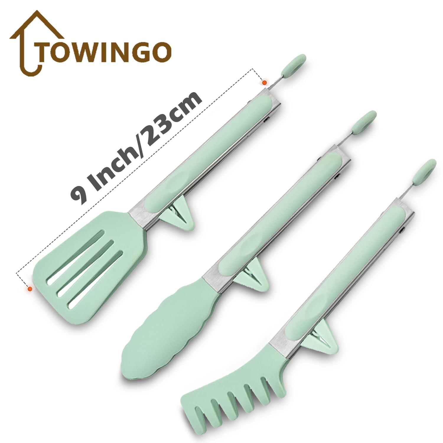 Kitchen Tongs for Cooking, 9 Inch Small Silicone Tongs, Food Grade Mini Serving Tongs with Silicone Tips, Set of 3, Green