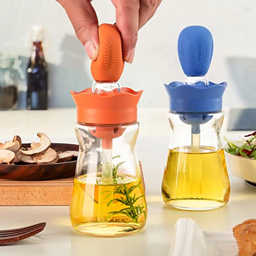 GoldArea 2 Pack Glass Oil Dispenser with Silicone Brush, 2 In 1 Measuring Olive Oil Dispenser Bottle with Silicone Dropper, Oil Container for Kitchen Cooking, Air Fryer, Frying, Baking, BBQ