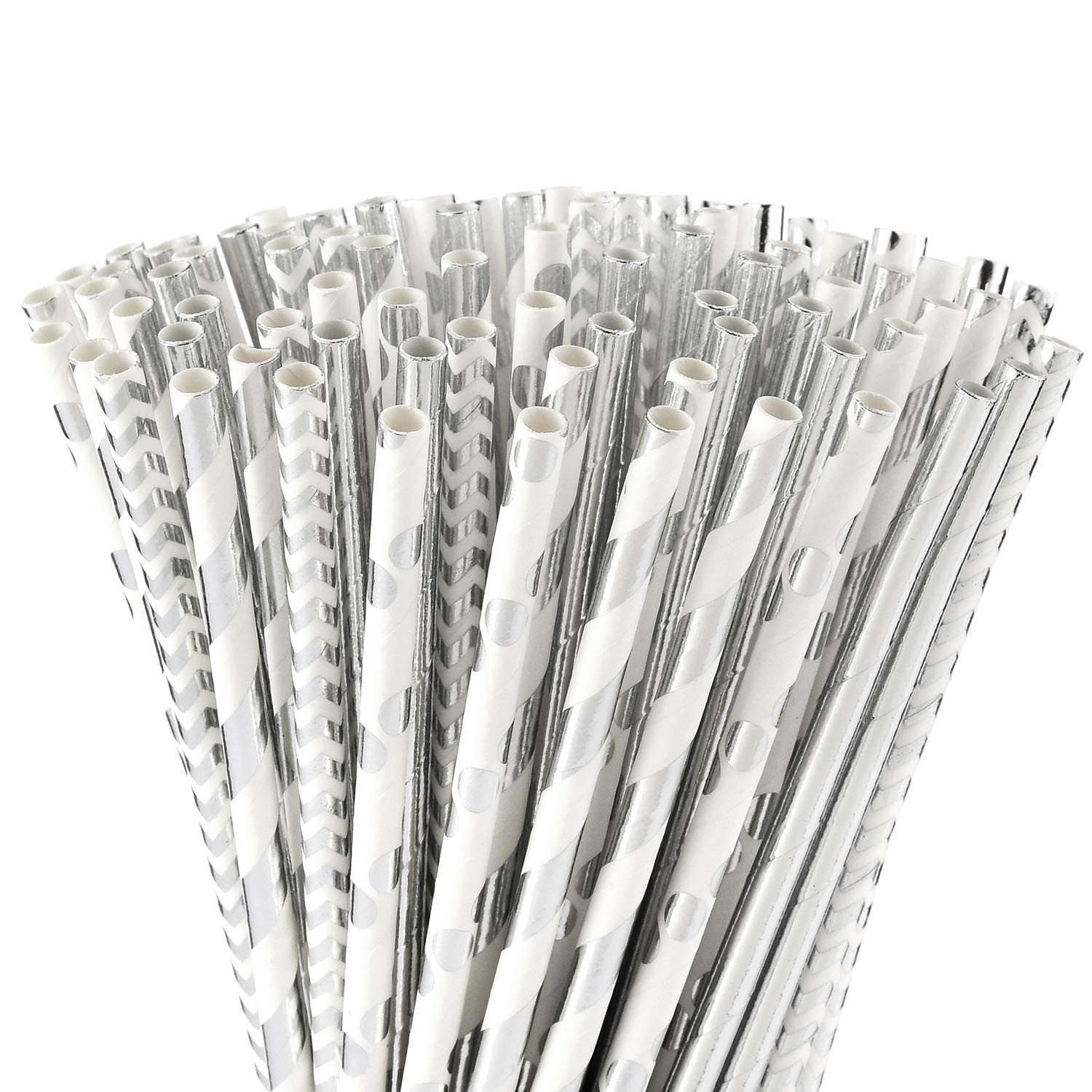 ALINK Biodegradable Silver Paper Straws Bulk, Pack of 100 Metallic Foil Striped/Wave/Dots Straws for Birthday, Wedding, Bridal/Baby Shower, Christmas Decorations and Party Supplies