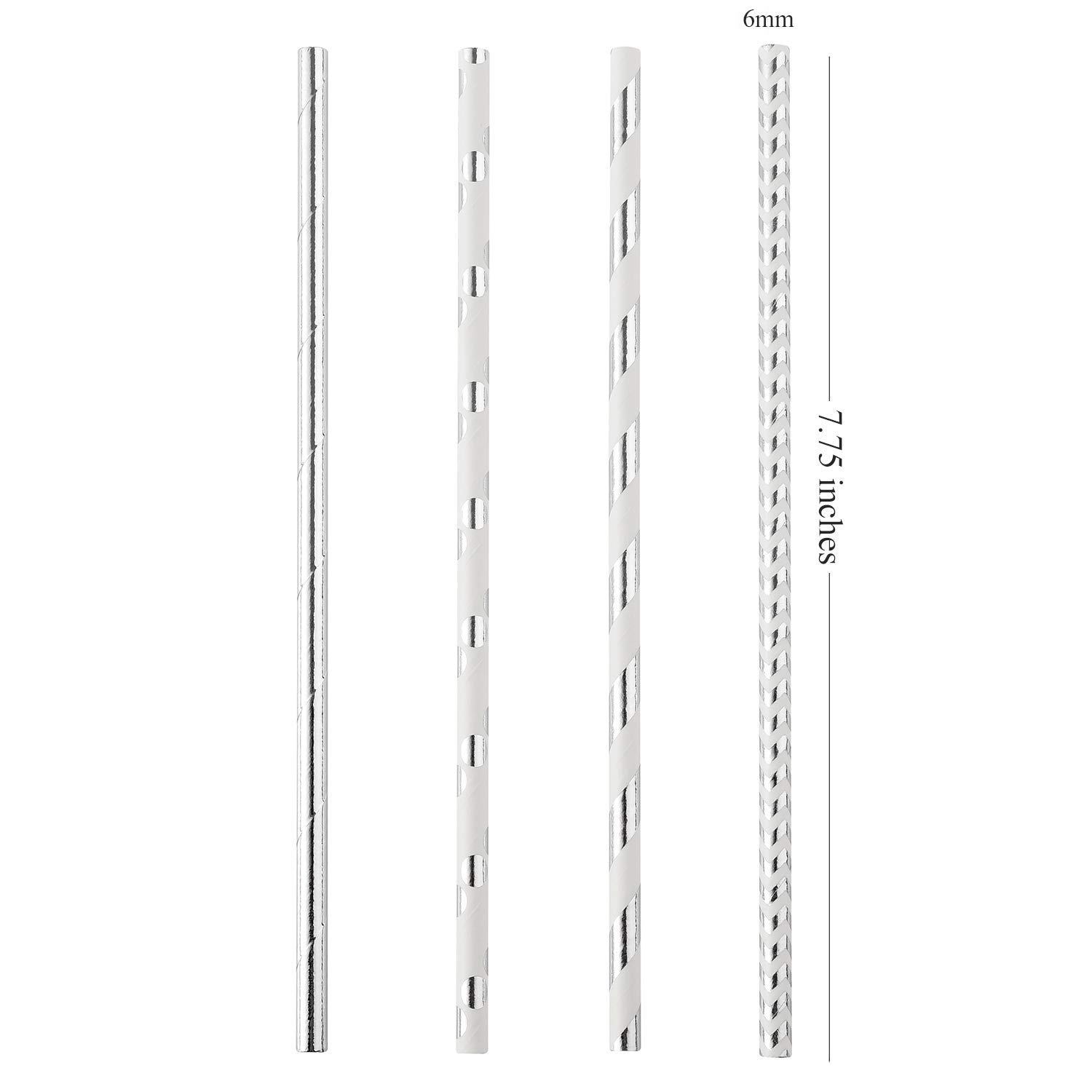 ALINK Biodegradable Silver Paper Straws Bulk, Pack of 100 Metallic Foil Striped/Wave/Dots Straws for Birthday, Wedding, Bridal/Baby Shower, Christmas Decorations and Party Supplies