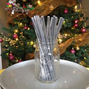 ALINK Biodegradable Silver Paper Straws Bulk, Pack of 100 Metallic Foil Striped/Wave/Dots Straws for Birthday, Wedding, Bridal/Baby Shower, Christmas Decorations and Party Supplies