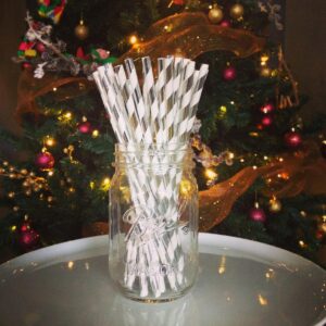 ALINK Biodegradable Silver Paper Straws Bulk, Pack of 100 Metallic Foil Striped/Wave/Dots Straws for Birthday, Wedding, Bridal/Baby Shower, Christmas Decorations and Party Supplies