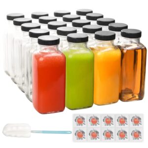 wertioo 12 oz glass juice bottles, 20 pack glass water bottles with caps square vintage drink bottles with labels and brush for storage juicing, milk, tea, kombucha