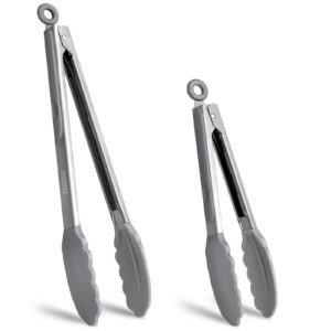 eekedo kitchen tongs, stainless steel silicone tongs for cooking 600ºf high heat-resistant bbq grilling locking tongs, set of 2-9" and 12" grey