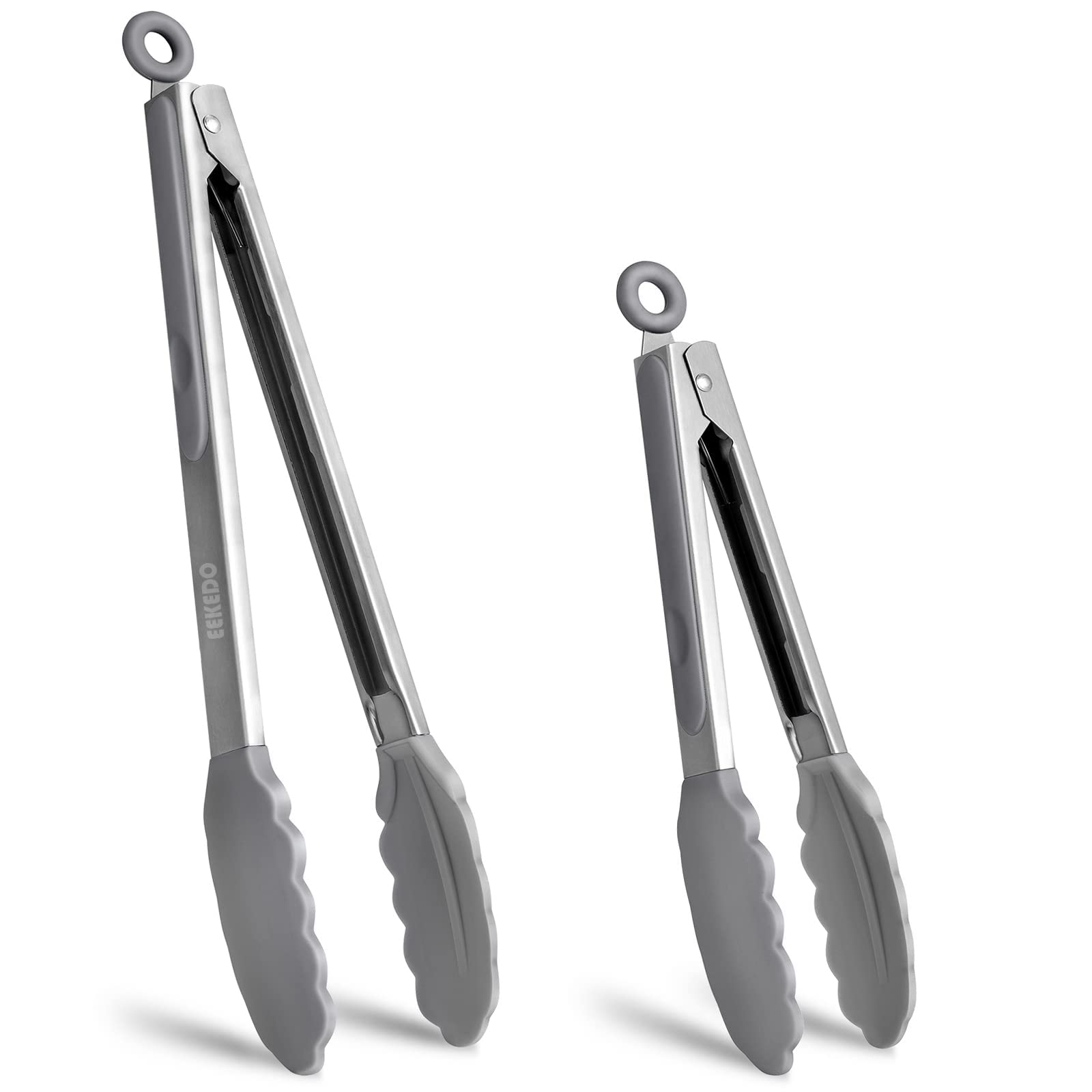 EEKEDO Kitchen Tongs, Stainless Steel Silicone Tongs for Cooking 600ºF High Heat-Resistant BBQ Grilling Locking Tongs, Set of 2-9" and 12" Grey