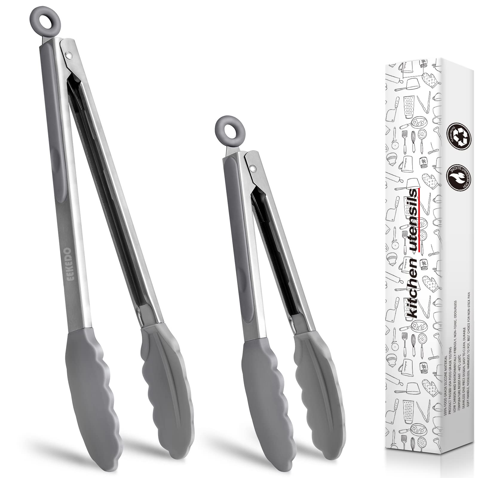 EEKEDO Kitchen Tongs, Stainless Steel Silicone Tongs for Cooking 600ºF High Heat-Resistant BBQ Grilling Locking Tongs, Set of 2-9" and 12" Grey