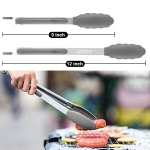 EEKEDO Kitchen Tongs, Stainless Steel Silicone Tongs for Cooking 600ºF High Heat-Resistant BBQ Grilling Locking Tongs, Set of 2-9" and 12" Grey