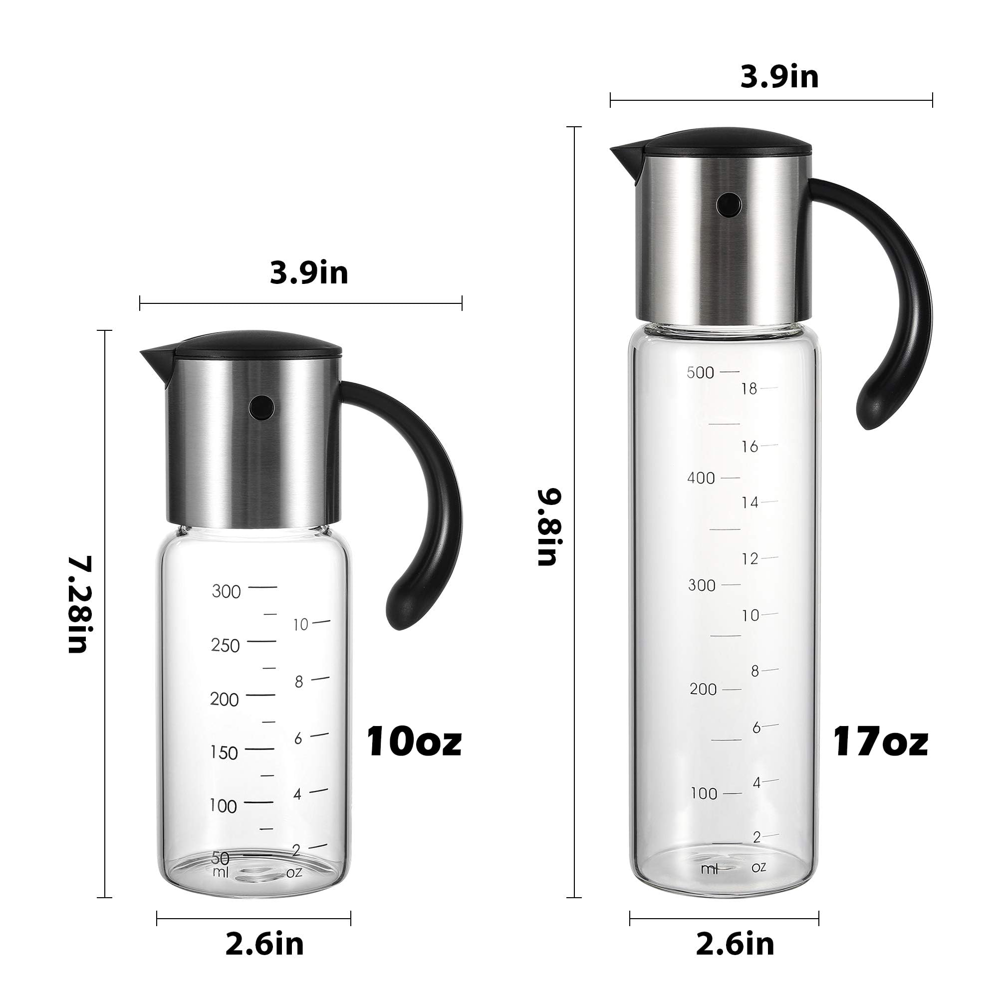 Vucchini Large Olive Oil Dispenser Bottle Kitchen Cooking Oil Dispenser Auto Flip Oil Container-Stainless Steel Leakproof Vinegar Glass Cruet (10oz and 18oz Set)