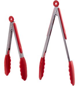 hiramware kitchen tongs set of 2 – 9 inch & 12 inch – stainless steel food tongs with silicone tips – premium locking non-stick tongs for cooking, bbq, grilling, salad - heavy duty, bpa free(red)