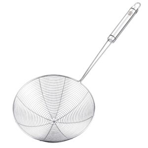 rj legend stainless steel kitchen accessory utensils set - spider wired pasta & noodle spoon, fine mesh strainer for cooking, anti-grease fry away ladle, solidifier pot, fat separator, 7 - inches