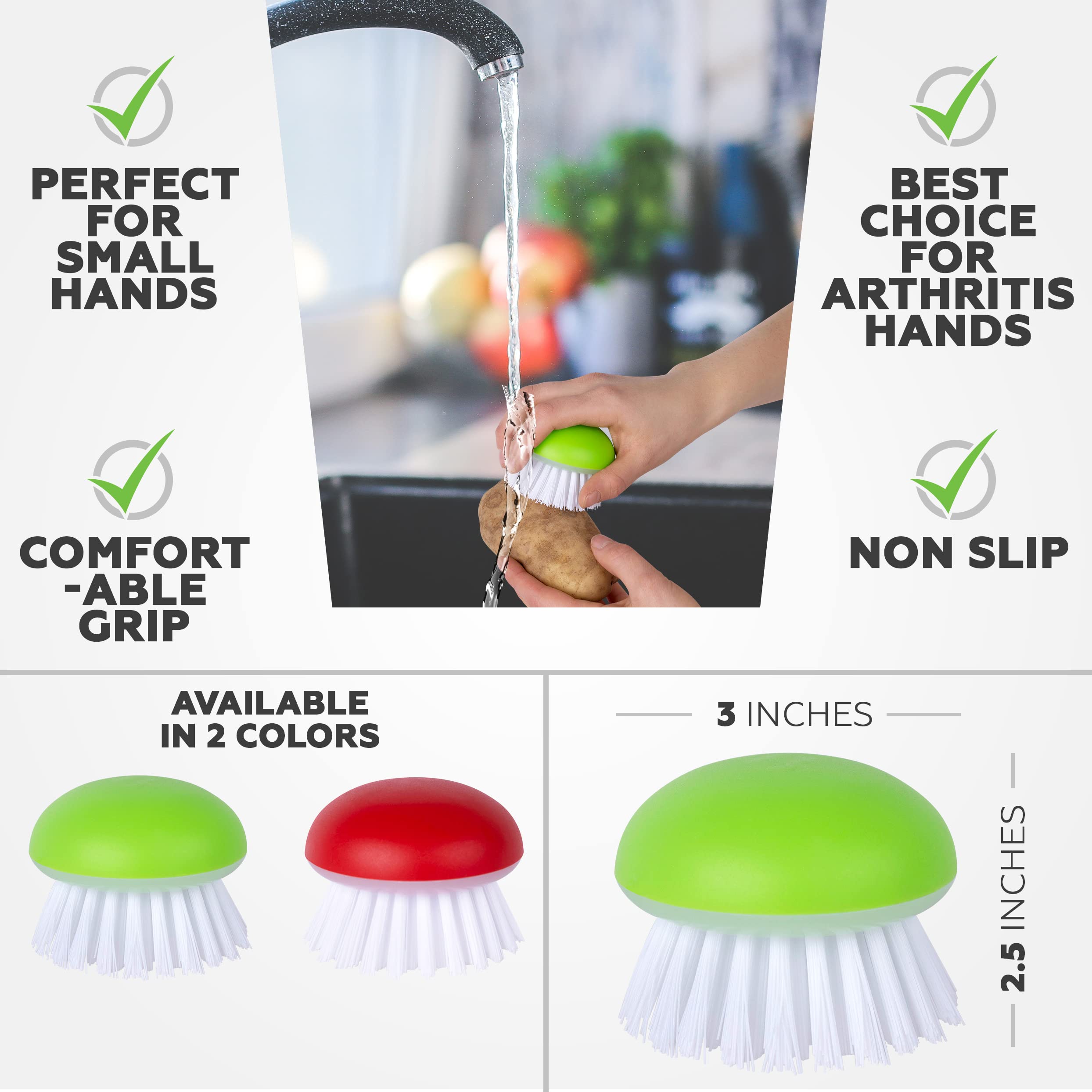 Vegetable Brush Scrubber for Food – 2Pcs Set Fruit and Veggie Brush – Silicone Top and Ultra-Strong Bristles Potato Scrubber – Palm Held Ergonomic Design – Easy to Clean – Red and Green