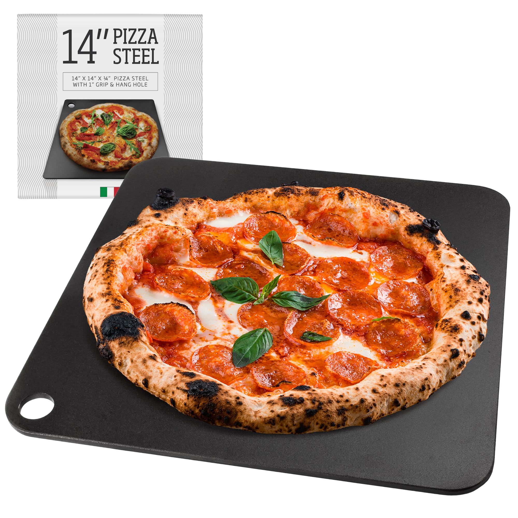 Impresa Pizza Steel for Oven - Durable Steel Platform with Finger Hole for Baking Pizza and Bread - 14x14 inches - Great Alternative to Pizza Stone - Create a Pizzeria Style Crust at Home