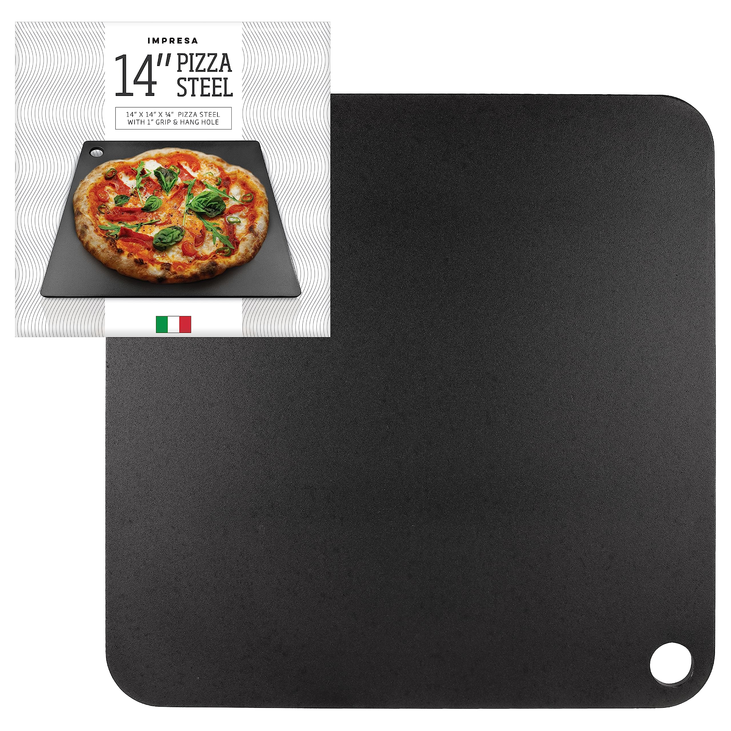 Impresa Pizza Steel for Oven - Durable Steel Platform with Finger Hole for Baking Pizza and Bread - 14x14 inches - Great Alternative to Pizza Stone - Create a Pizzeria Style Crust at Home