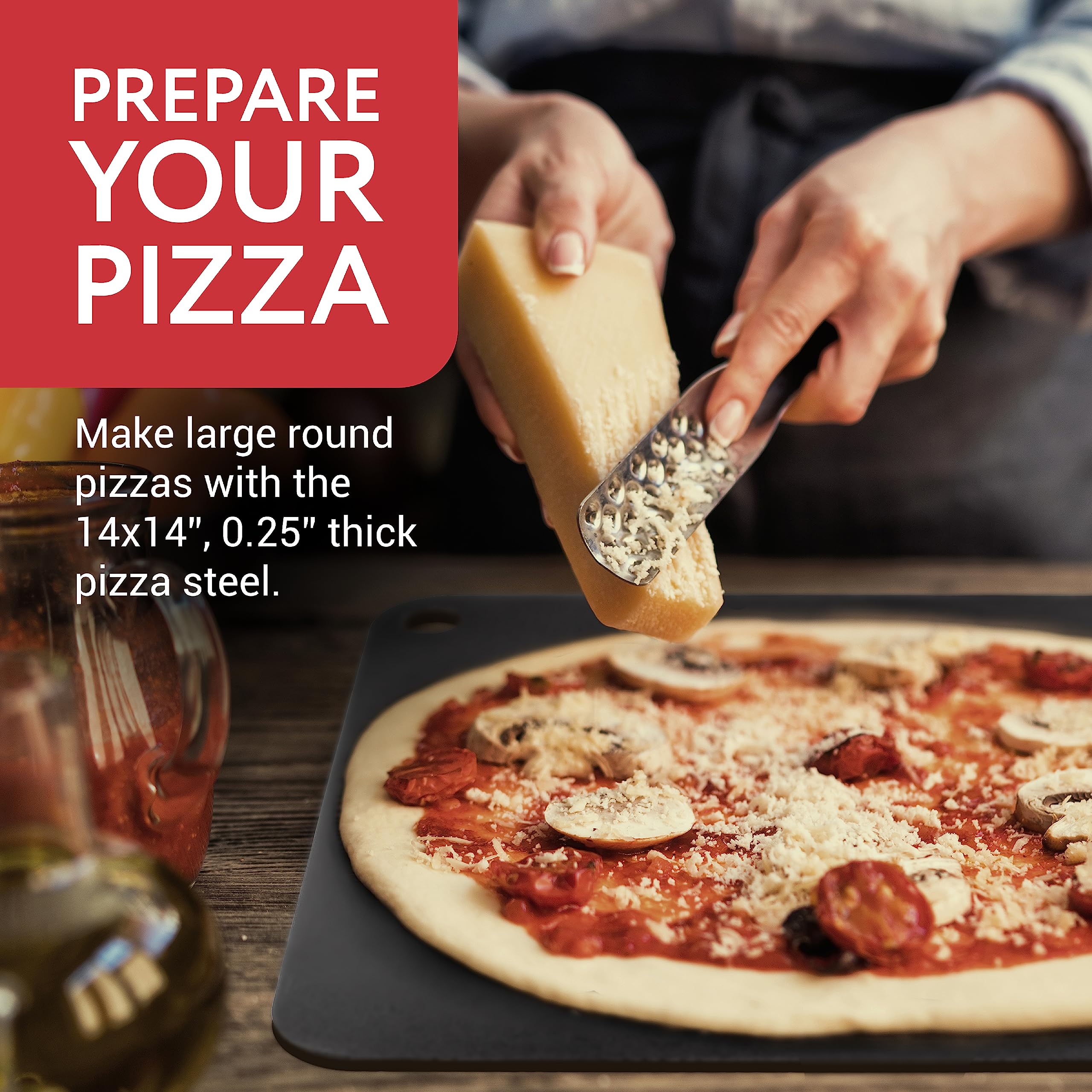 Impresa Pizza Steel for Oven - Durable Steel Platform with Finger Hole for Baking Pizza and Bread - 14x14 inches - Great Alternative to Pizza Stone - Create a Pizzeria Style Crust at Home