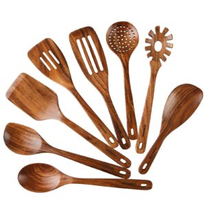 wooden spoons for cooking, 8 pcs wosponfan kitchen utensils set, wooden utensils for cooking - wooden spoons, spatula set, slotted spoon, handmade acacia wooden spoon set
