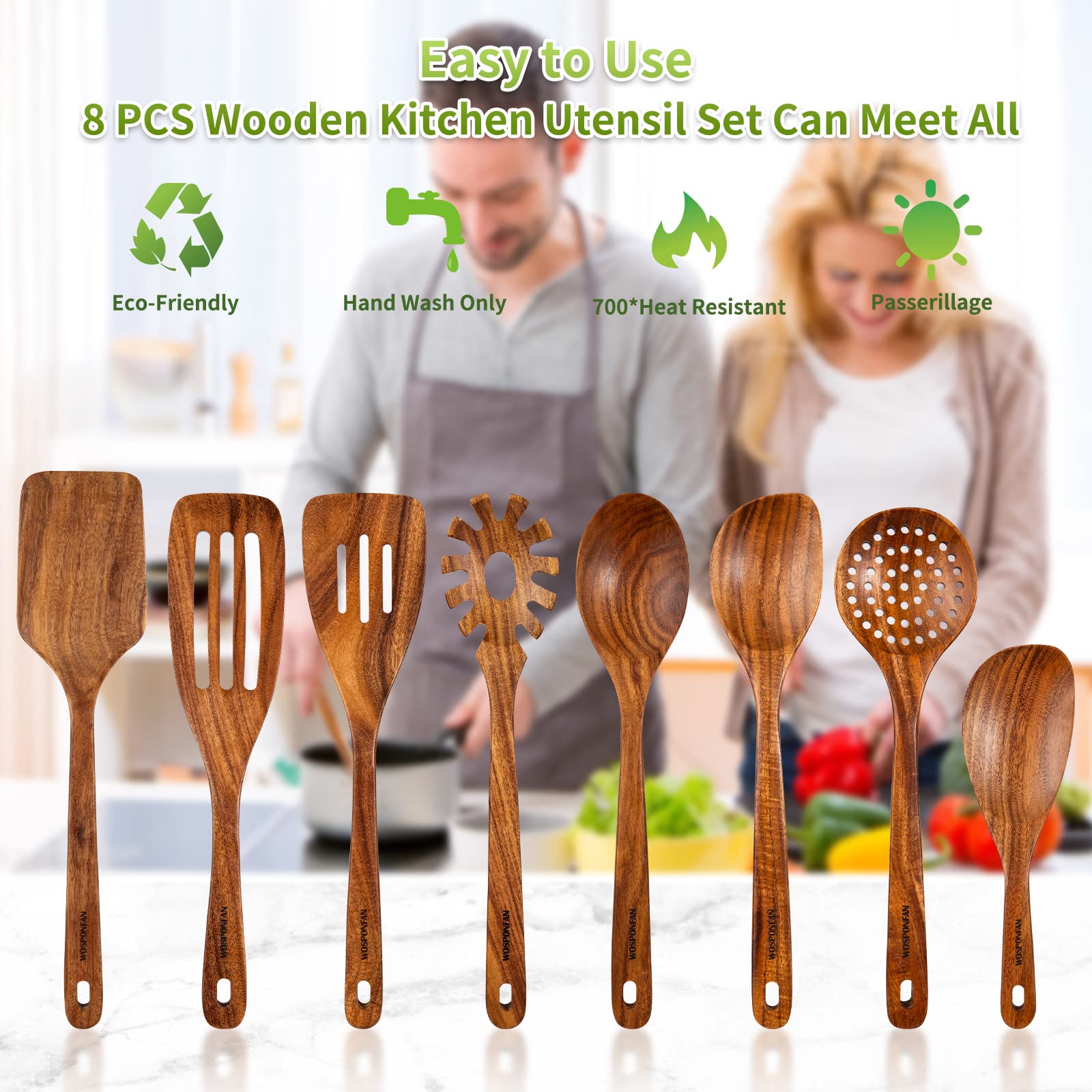 Wooden Spoons for Cooking, 8 PCS WOSPONFAN Kitchen Utensils Set, Wooden Utensils for Cooking - Wooden Spoons, Spatula Set, Slotted Spoon, Handmade Acacia Wooden Spoon Set