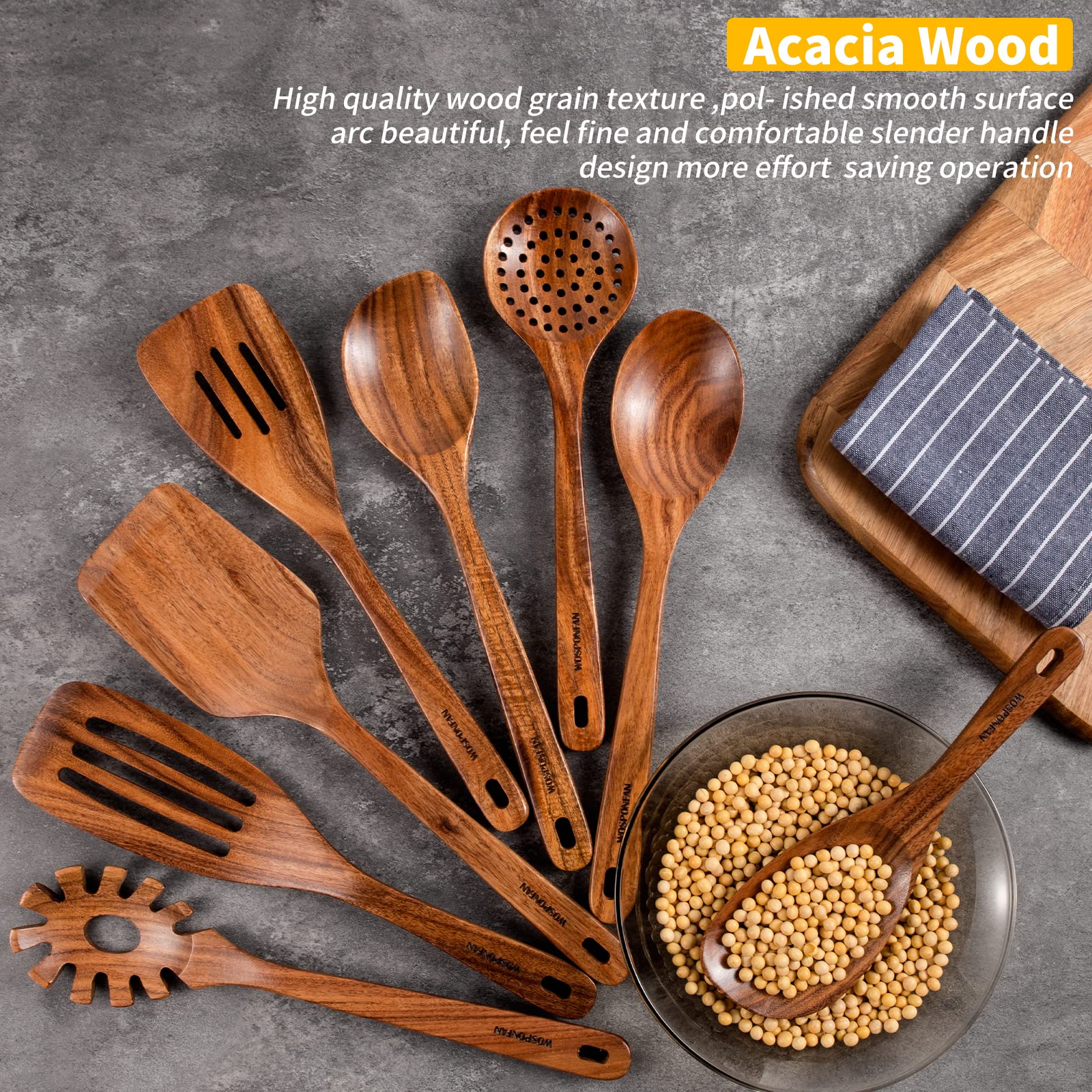 Wooden Spoons for Cooking, 8 PCS WOSPONFAN Kitchen Utensils Set, Wooden Utensils for Cooking - Wooden Spoons, Spatula Set, Slotted Spoon, Handmade Acacia Wooden Spoon Set