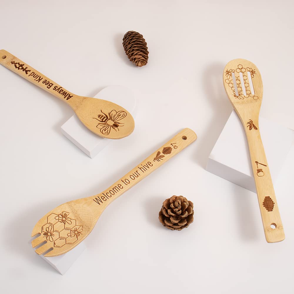 Bee Wooden Spoons for Cooking Utensils Set,Wooden Spatula Honey Bee Decor,Premium Bee Kitchen Decor and Accessories,Honey Bee Gifts for Women,Mothers Day Gifts,Housewarming Gifts(Set of 5)