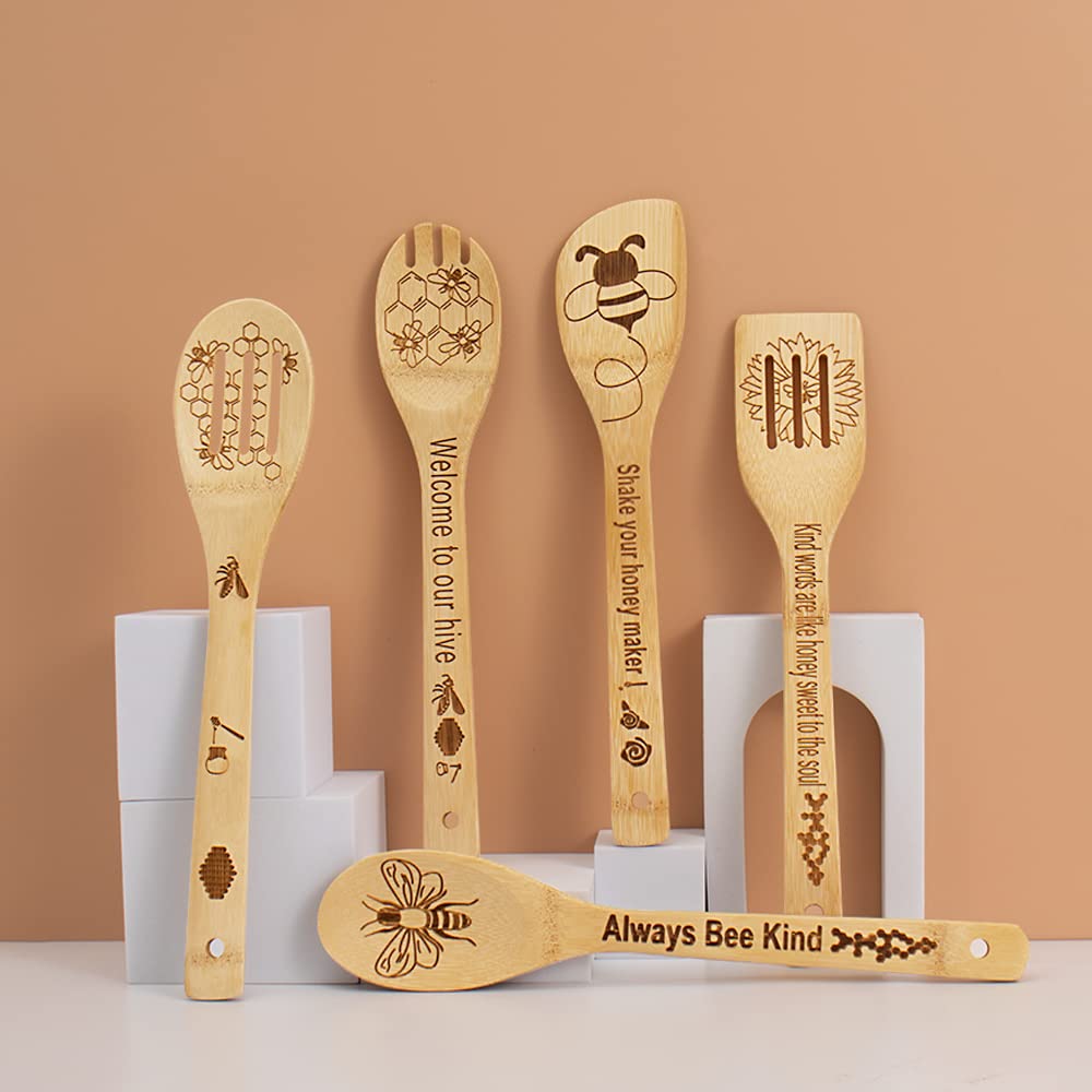 Bee Wooden Spoons for Cooking Utensils Set,Wooden Spatula Honey Bee Decor,Premium Bee Kitchen Decor and Accessories,Honey Bee Gifts for Women,Mothers Day Gifts,Housewarming Gifts(Set of 5)