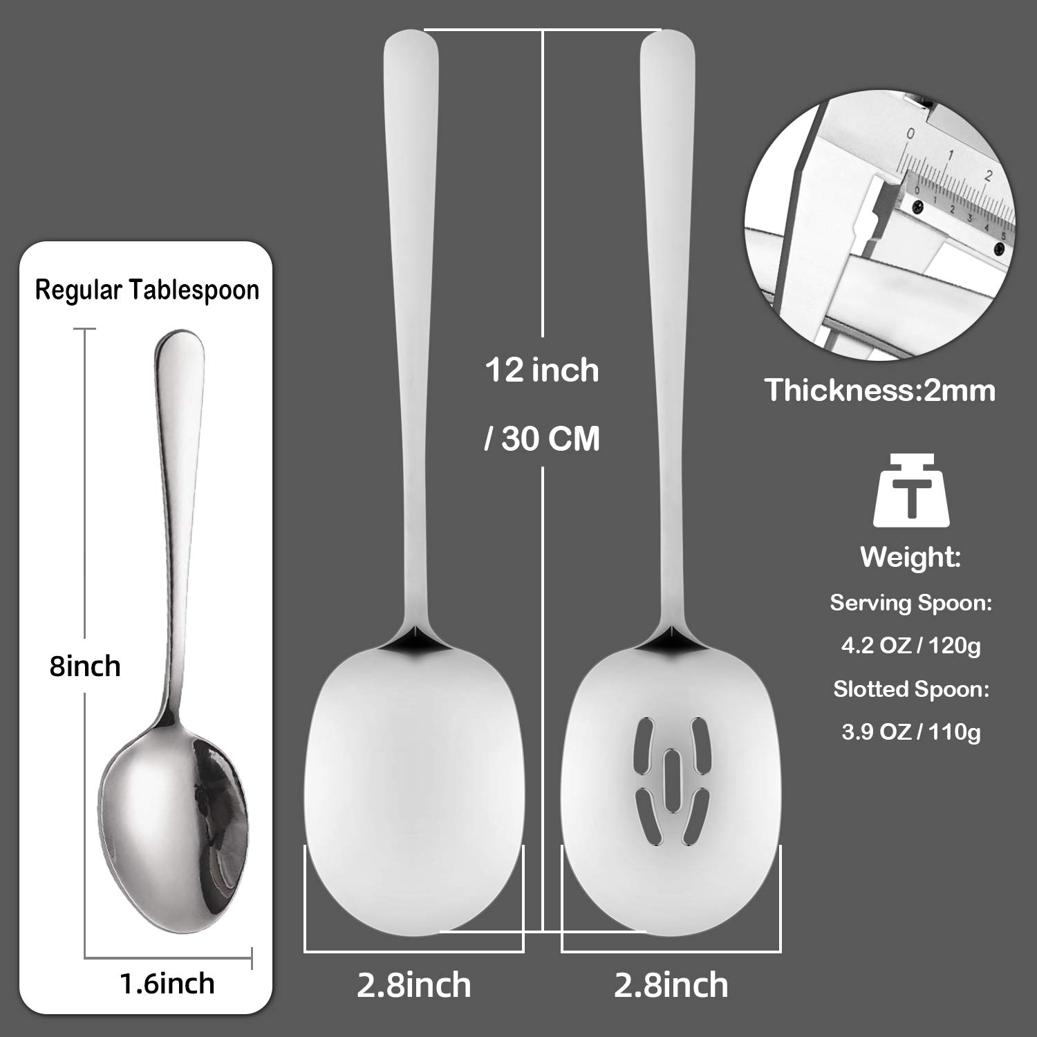 SOLEADER X-Large Serving Spoons Set, 12 Inch Slotted Spoon and Serving Spoon, Premium Spoons Silverware, Cooking Spoon, Pasta Spoon, Mixing Spoon, Foodgrade 18/8 Stainless Steel, Pack of 2