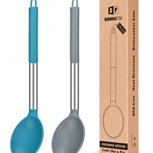 Pack of 2 Large Silicone Cooking Spoon Non Stick Solid Basting Spoons Heat-Resistant Kitchen Utensils for Mixing Serving (Gray-Blue)