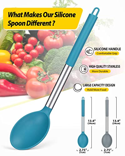 Pack of 2 Large Silicone Cooking Spoon Non Stick Solid Basting Spoons Heat-Resistant Kitchen Utensils for Mixing Serving (Gray-Blue)