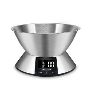 chilizzle food scale with 304 stainless steel bowl, measures liquids and dray ingredients, digital kitchen weight scale for cooking or baking