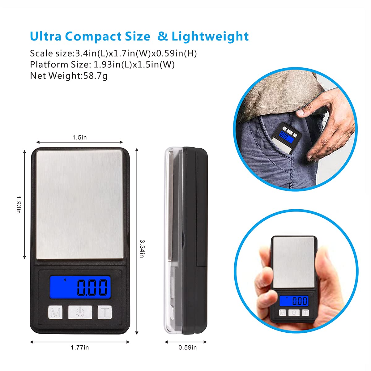 Fuzion Ultra Mini Scale, 1000g x 0.1g Digital Pocket Scale, Grams and Oz 6 Units, Gram Scale with LCD Display, Tare, Battery Included