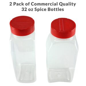 Skyway Supreme Large 32 OZ Clear Plastic Spice Bottles Containers - Set of 2 - Flap Cap Pour and Sifter Shaker Jars - Refillable Perfect For Storing and Dispensing Spices Herbs and Rubs - BPA Free